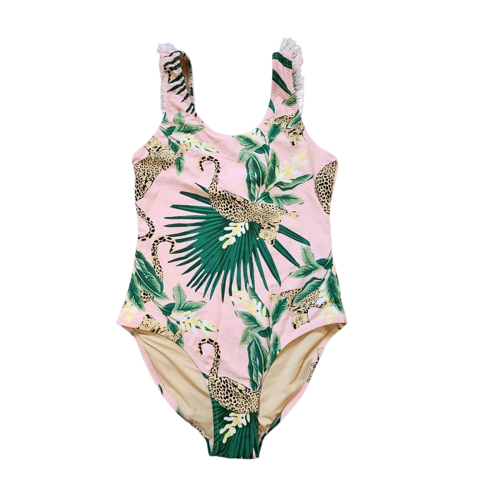 Shade Critters Kids Pink Tropical Leopard Print One-Piece Swimsuit Fringe 14